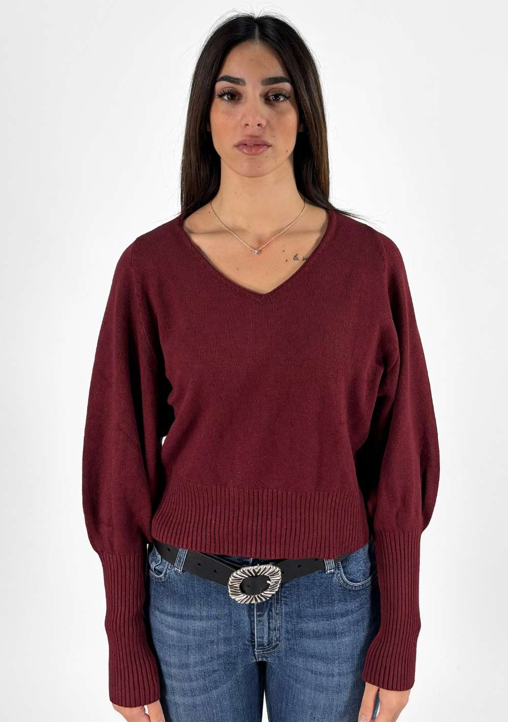 Maglia Scollo a V Maniche a Coste