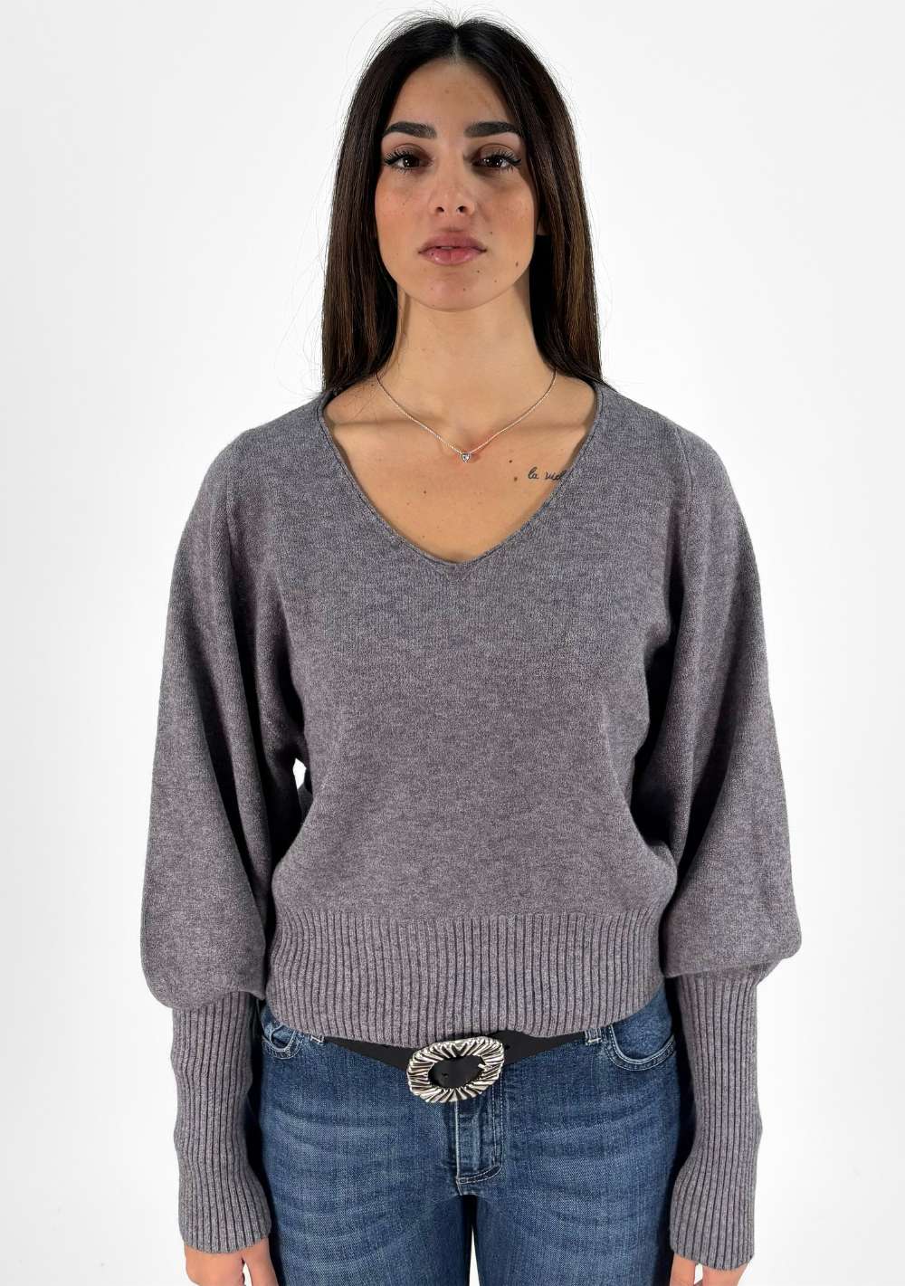 Maglia Scollo a V Maniche a Coste