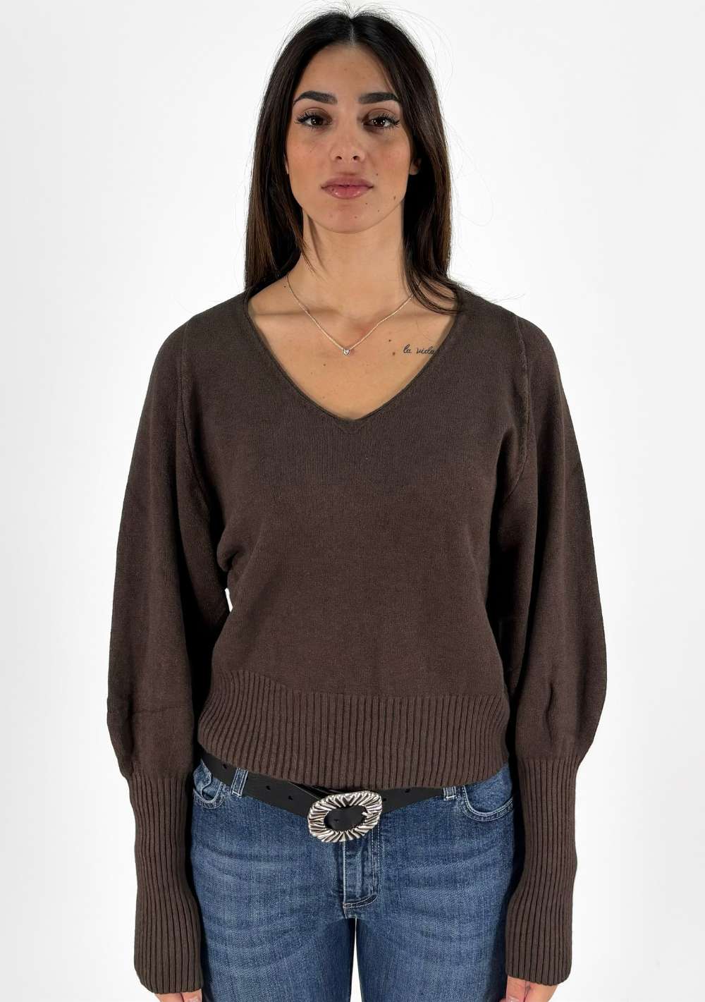 Maglia Scollo a V Maniche a Coste