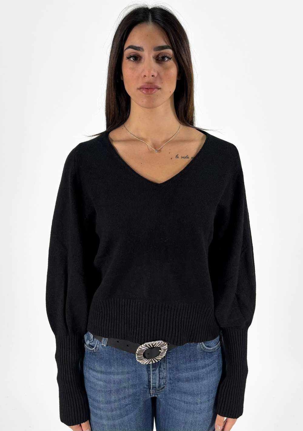 Maglia Scollo a V Maniche a Coste