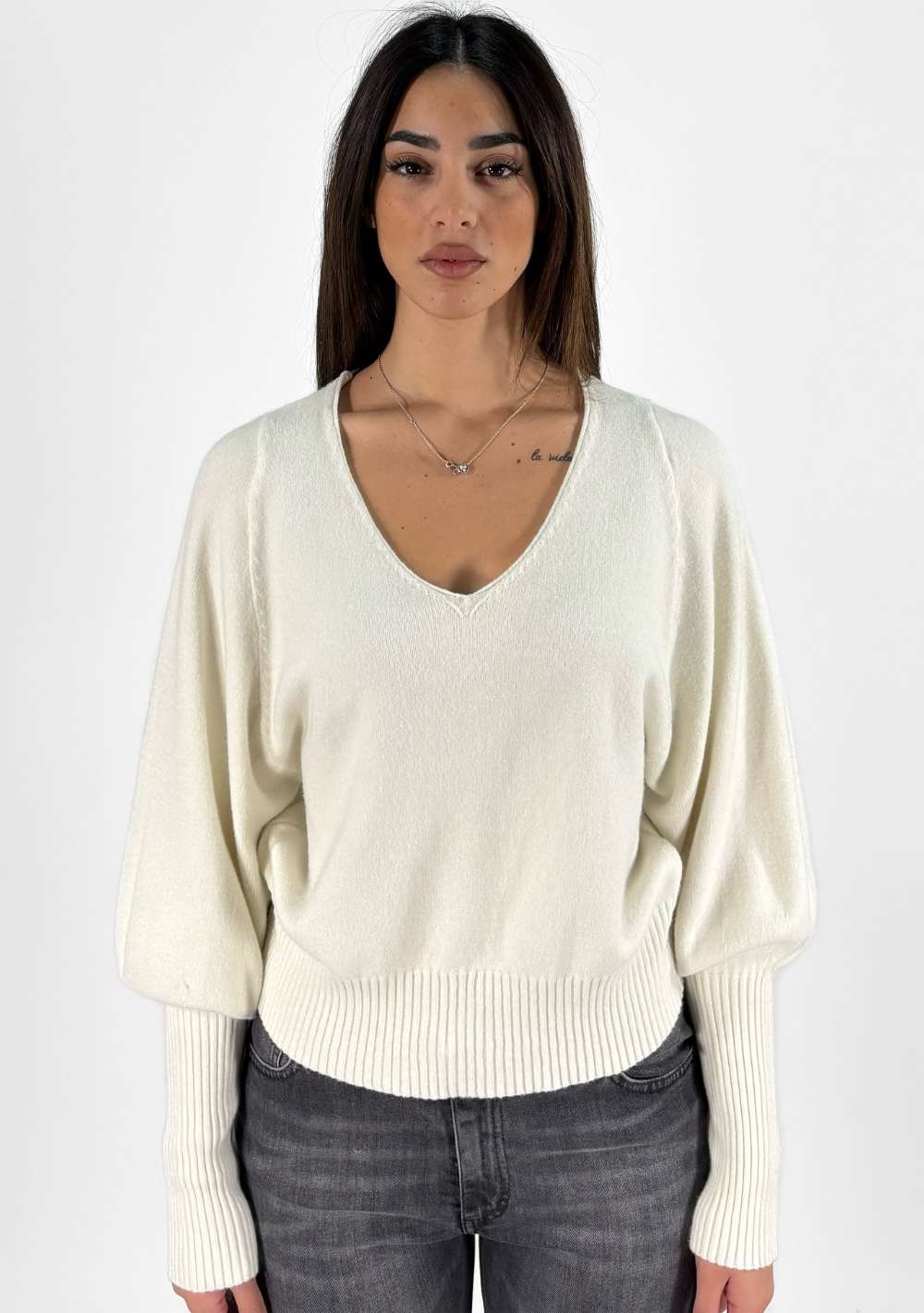 Maglia Scollo a V Maniche a Coste