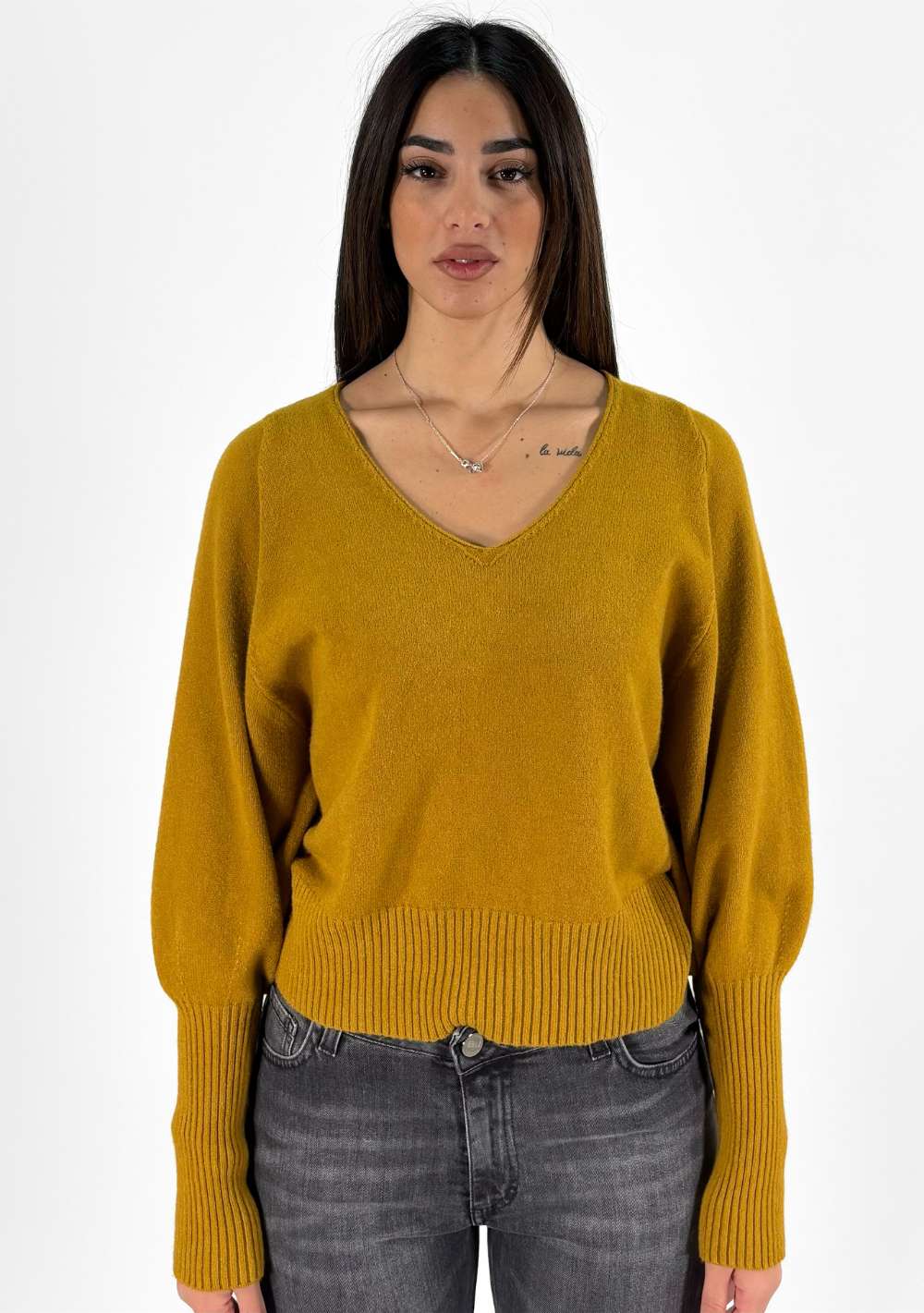 Maglia Scollo a V Maniche a Coste