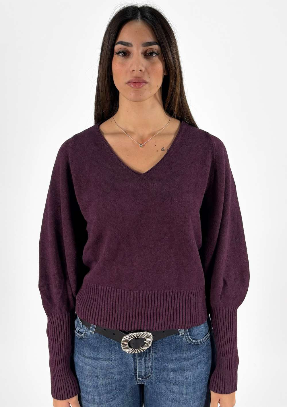 Maglia Scollo a V Maniche a Coste