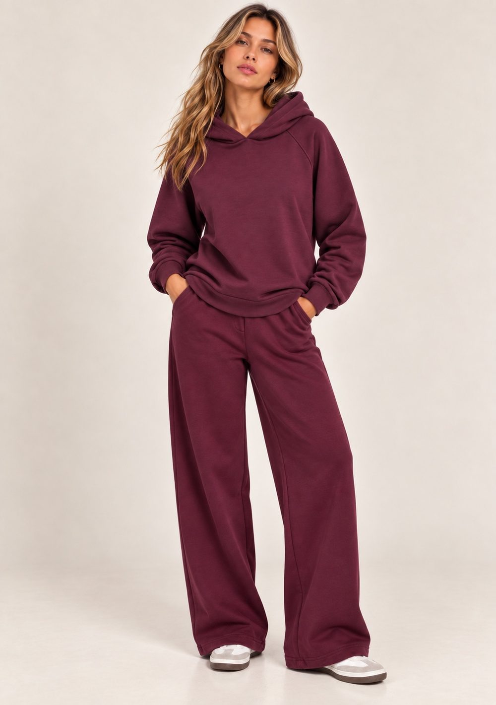 Felpa con cappuccio e pantaloni palazzo in felpa da donna, colore vino