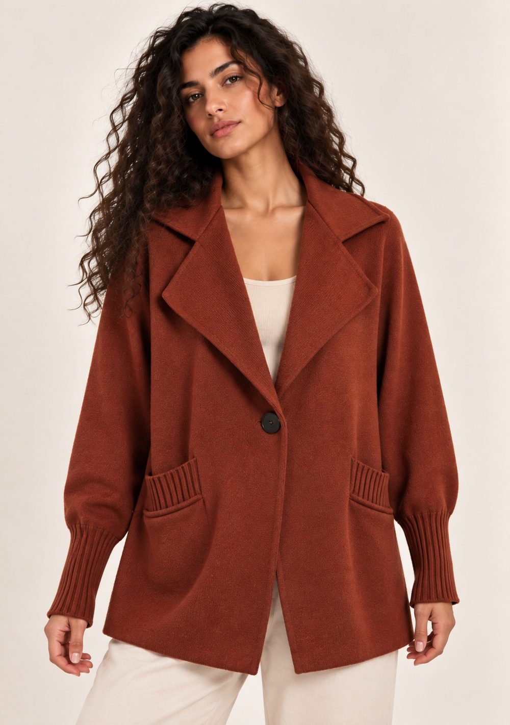 Cardigan 1 Bottone Tasche da donna in colore coccio