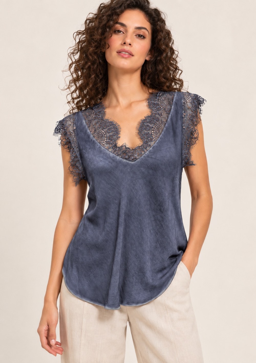 Maglia Manica Aletta Merletto da donna in colore blu