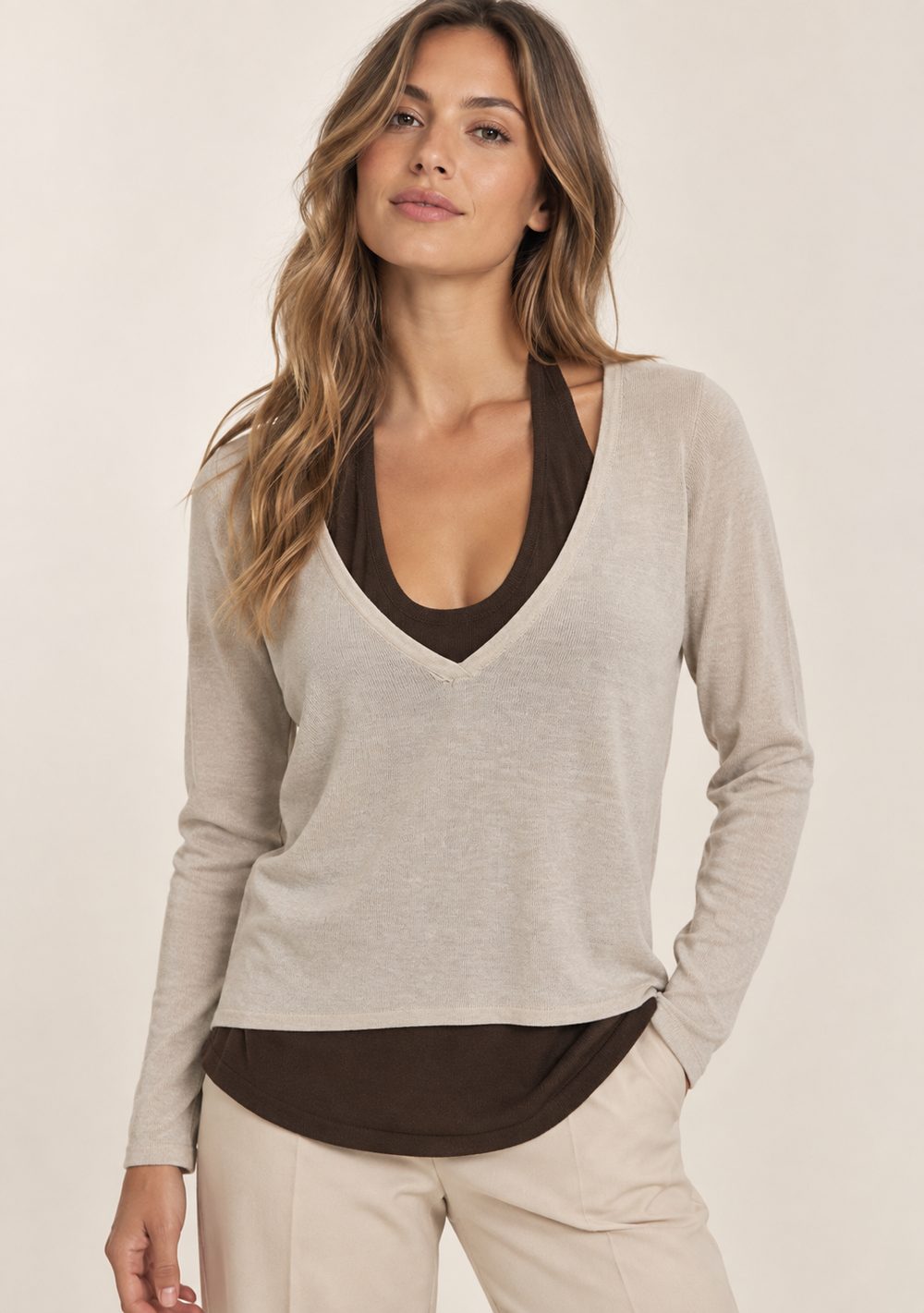 Maglia Effetto Twinset da donna in colore beige