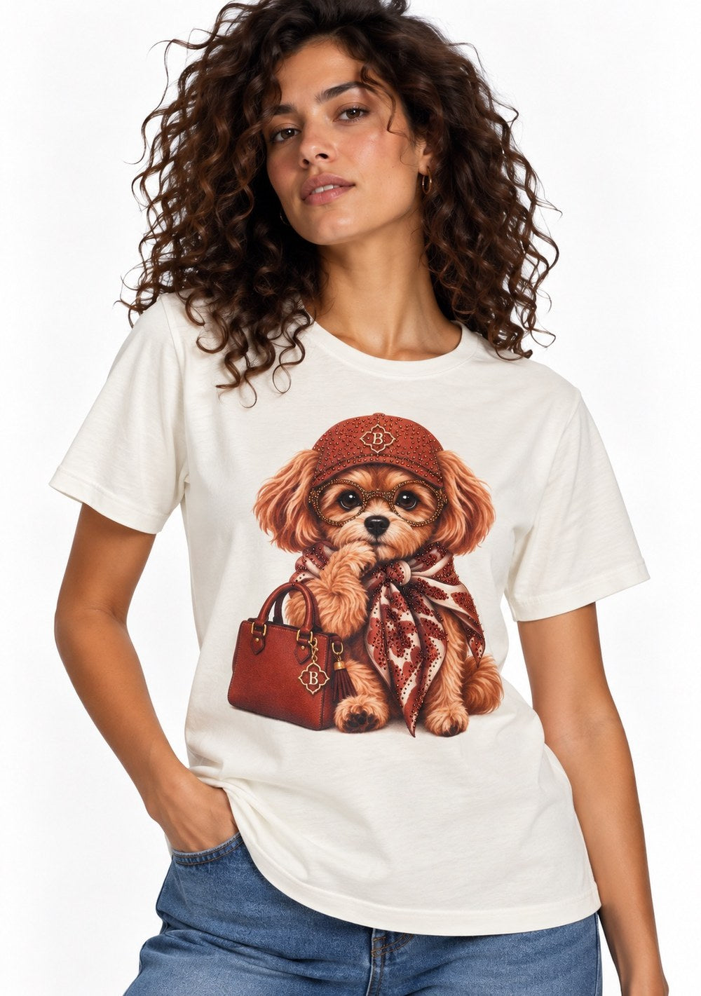 T-Shirt Regular "Cane con Cappello" da donna in colore coccio
