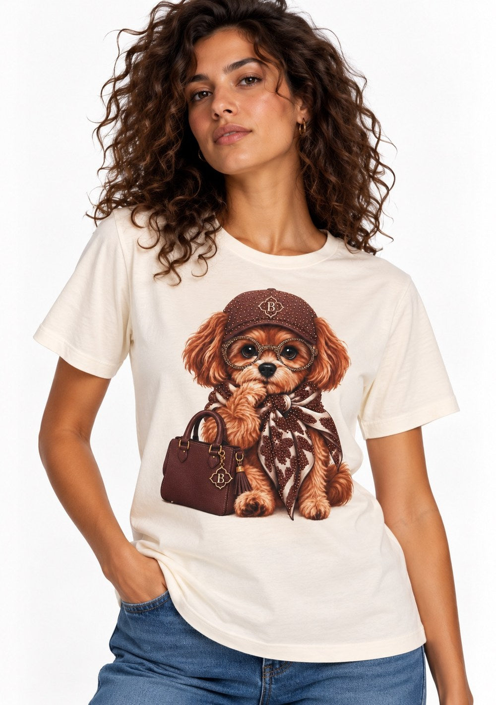 T-Shirt Regular "Cane con Cappello" da donna in colore moro