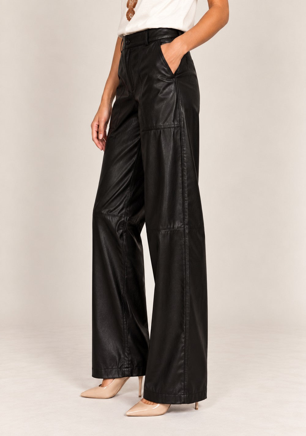 Pantaloni Palazzo Ecopelle da donna in colore nero, vista alternativa 2