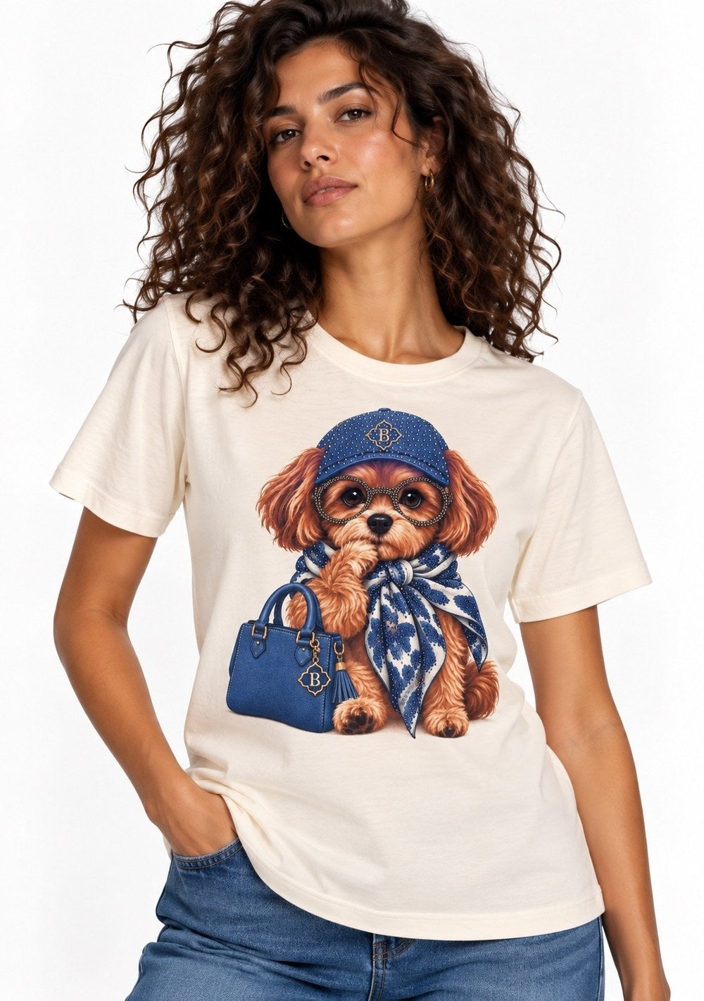 T-Shirt Regular "Cane con Cappello" da donna in colore blu