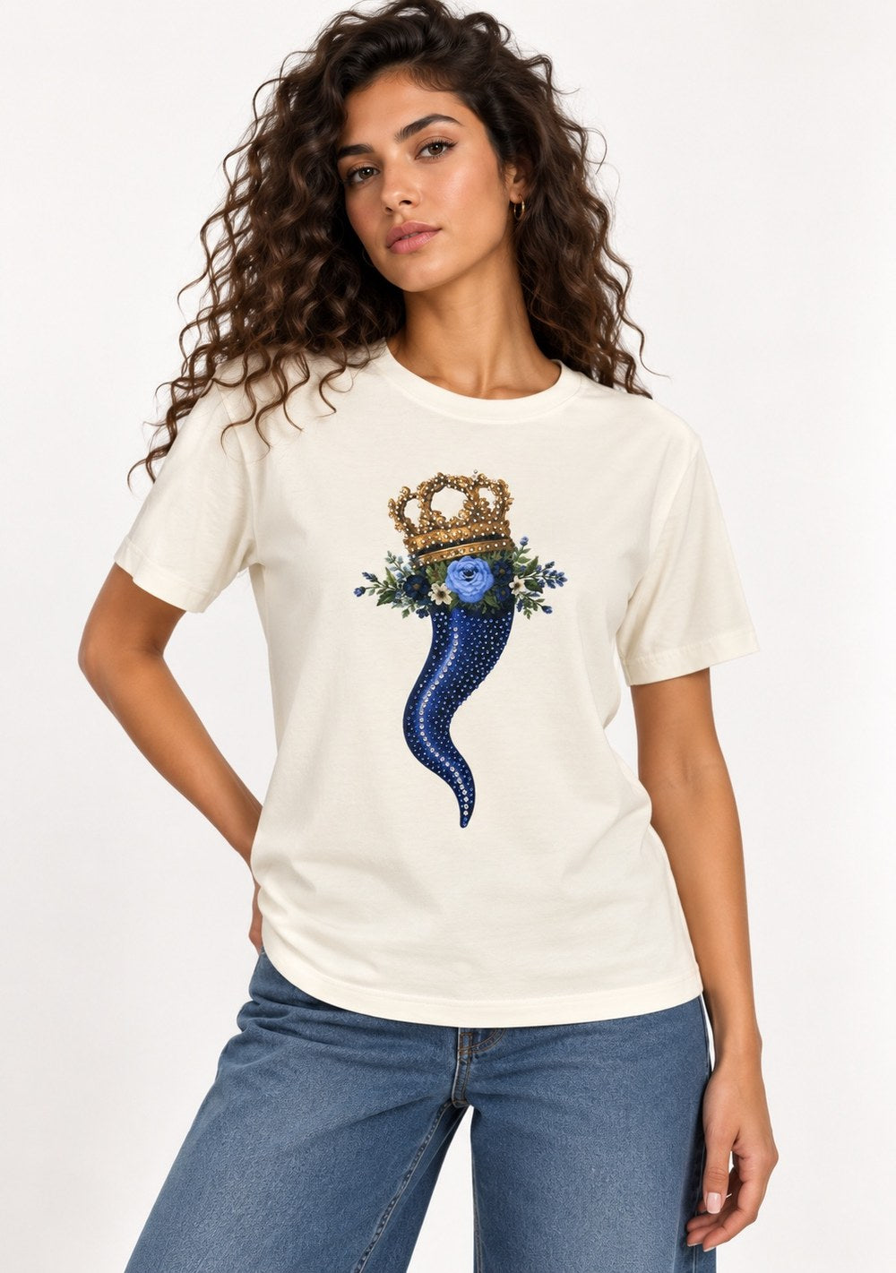 T-Shirt Regular "Corno & Fiori" da donna in colore blu