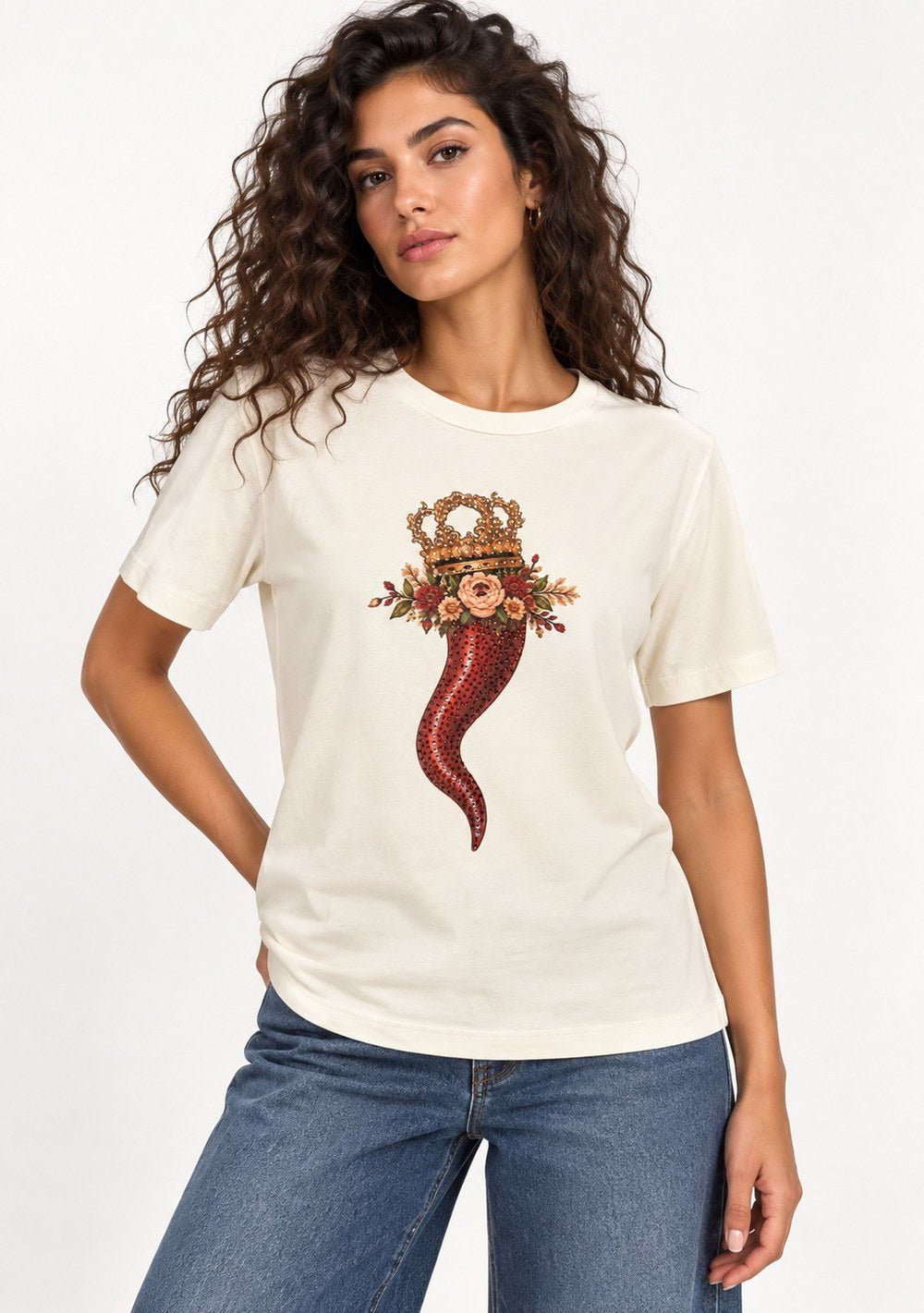 T-Shirt Regular "Corno & Fiori" da donna in colore coccio