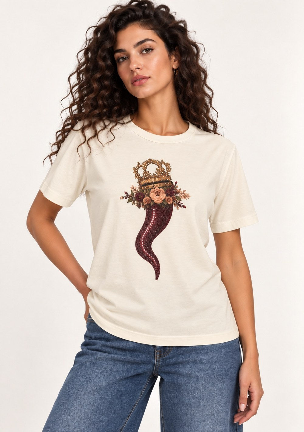 T-Shirt Regular "Corno & Fiori" da donna in colore vino