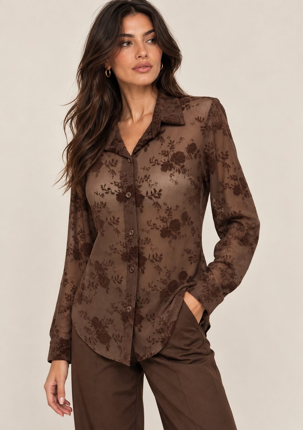 Camicia in tulle floccata in colore marrone scuro, vista alternativa 2