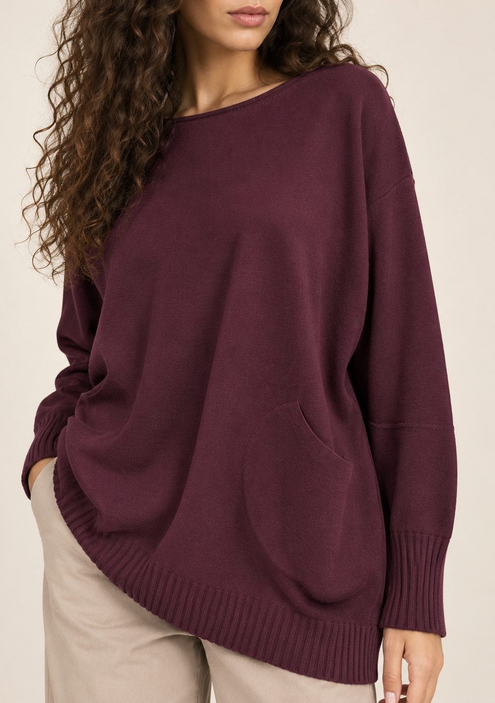 Maglia Girocollo con Tasche da donna in colore vino, vista alternativa 3