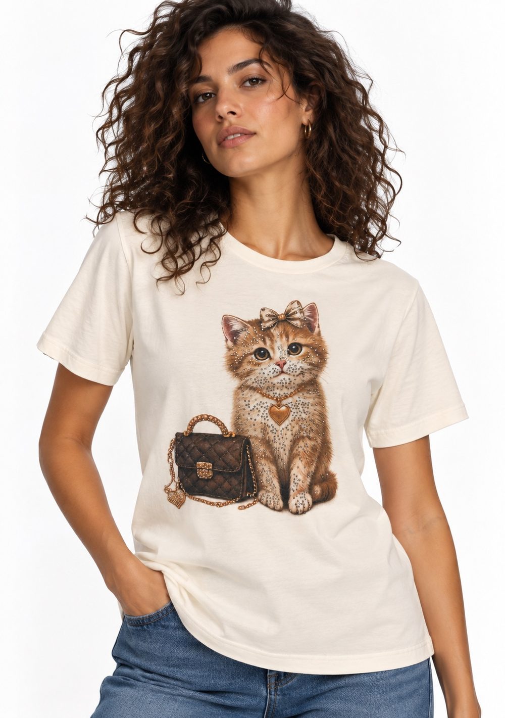 T-Shirt Regular "Gatto & Borsa" da donna in colore moro