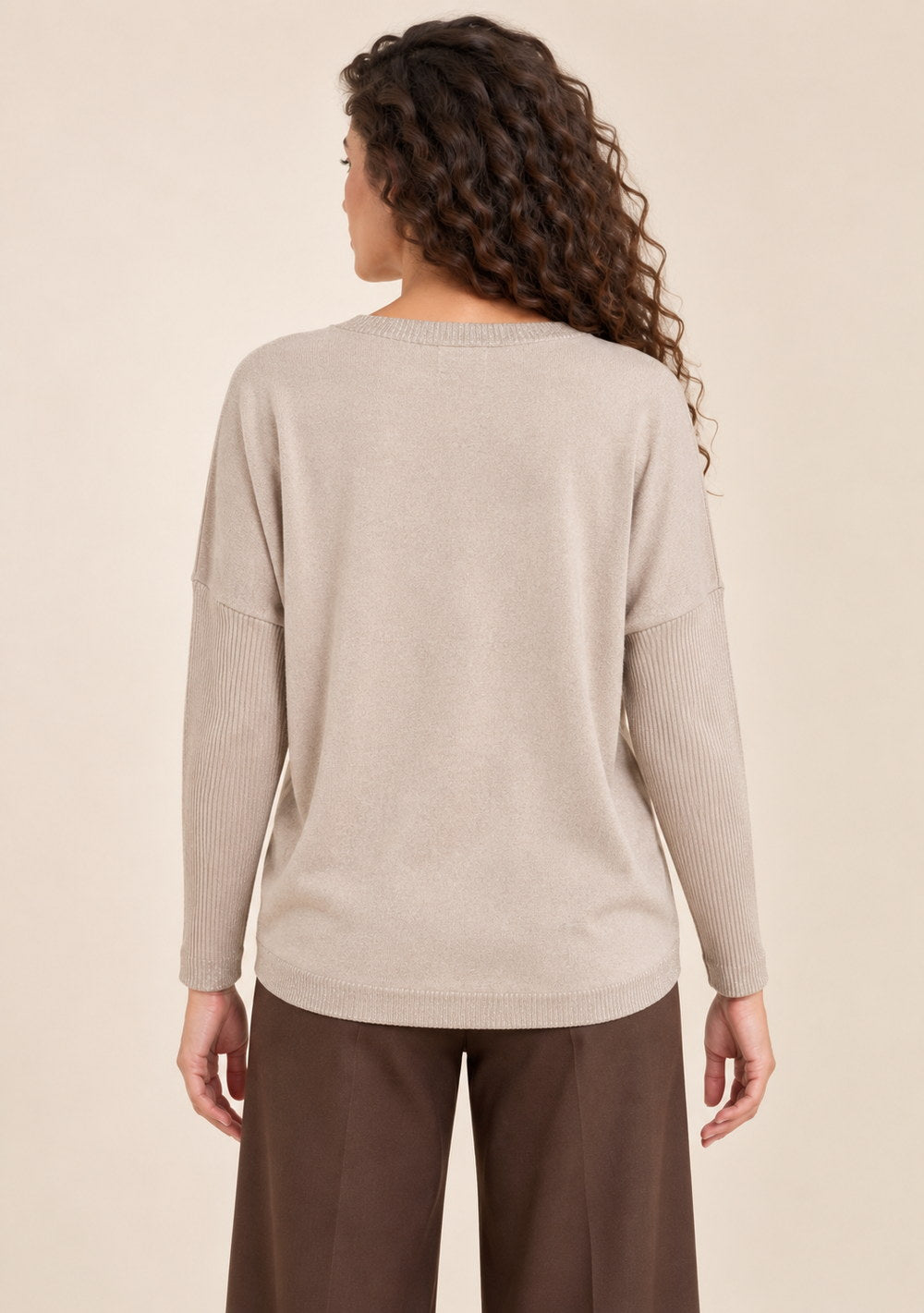 Maglia Scollo a V Riporti Lurex da donna in colore beige, vista alternativa 3