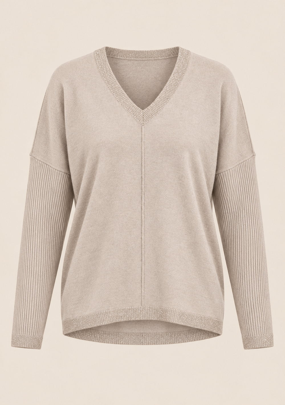 Maglia Scollo a V Riporti Lurex da donna in colore beige, vista alternativa 4