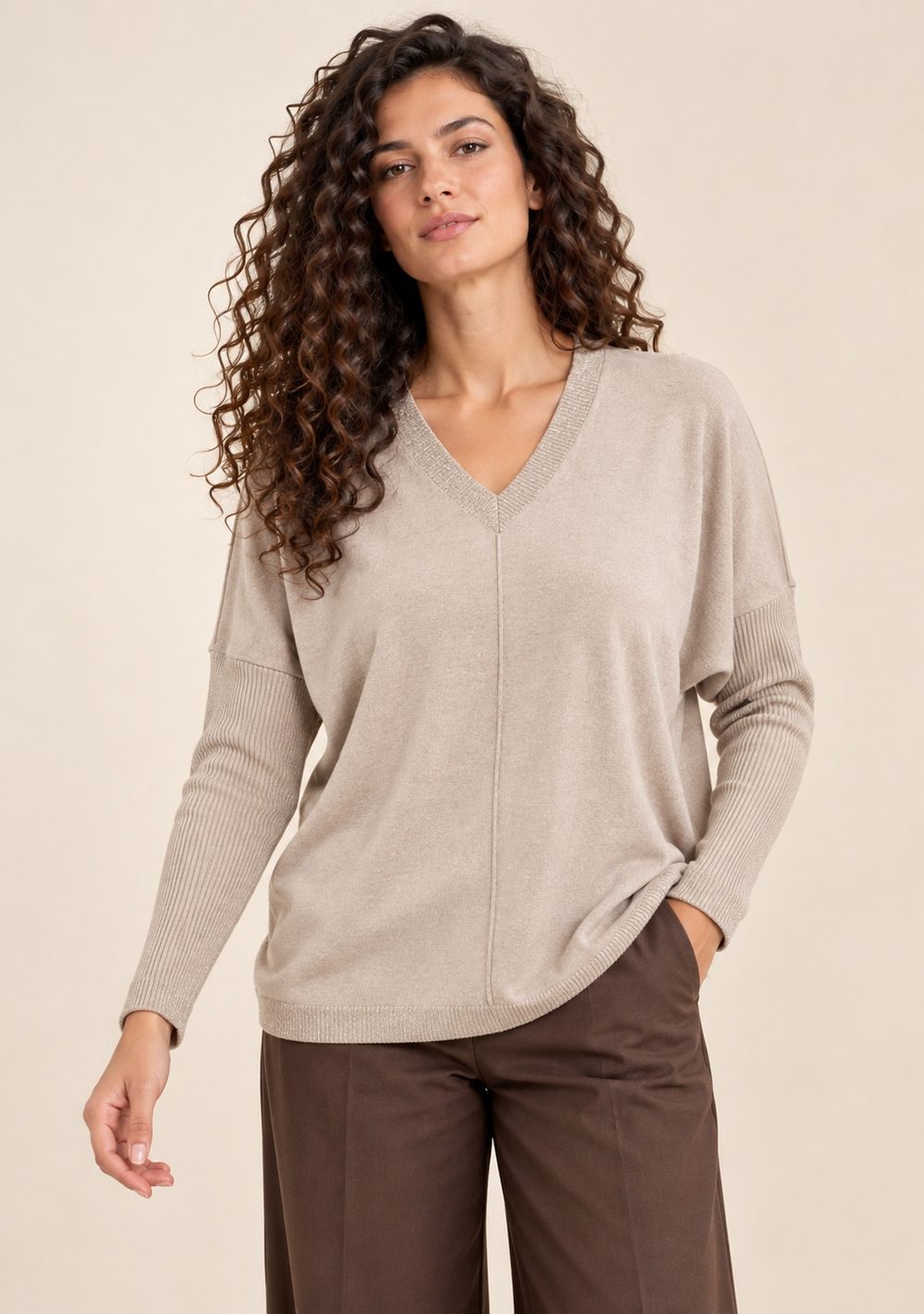 Maglia Scollo a V Riporti Lurex da donna in colore beige