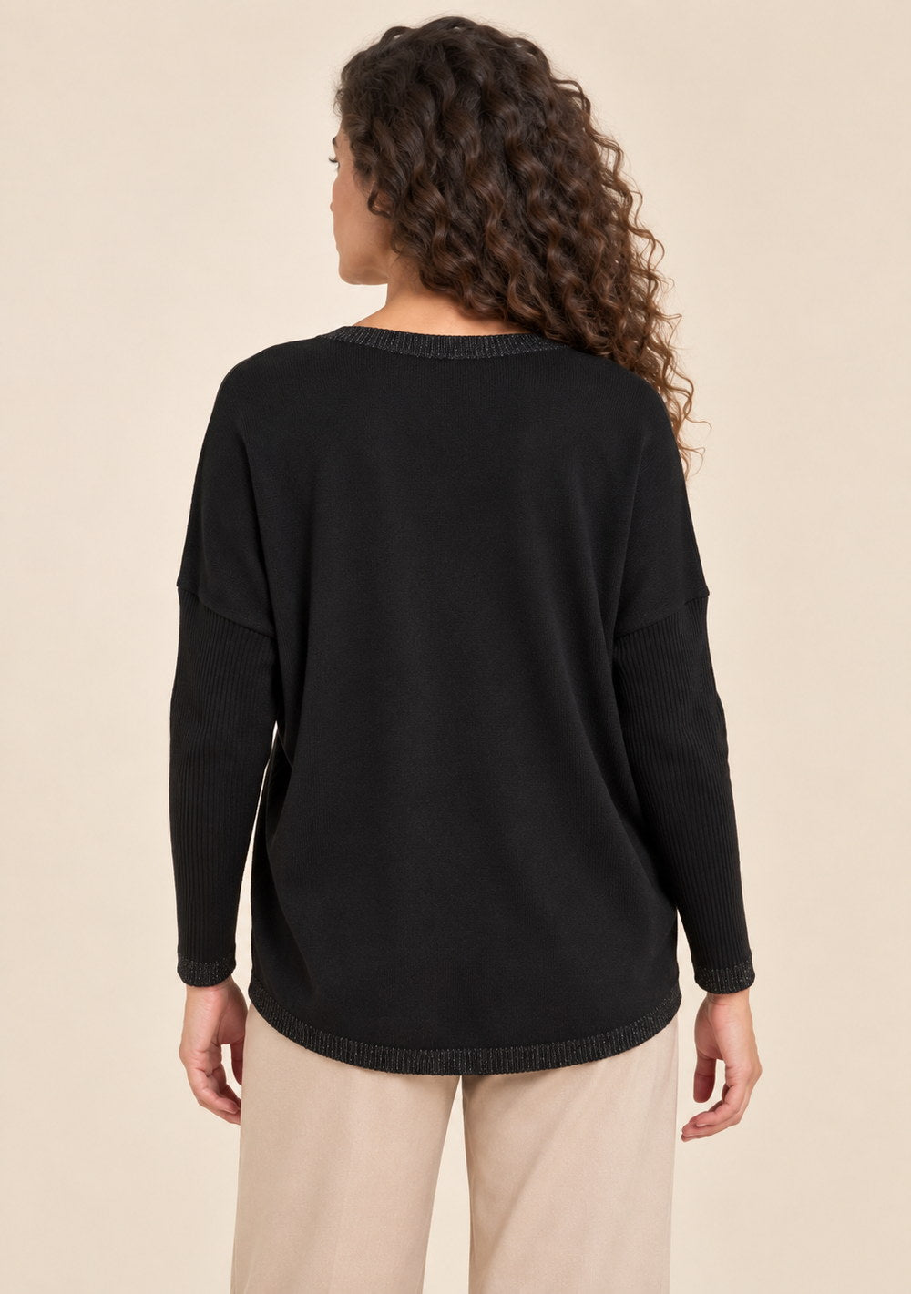 Maglia Scollo a V Riporti Lurex da donna in colore nero, vista alternativa 3