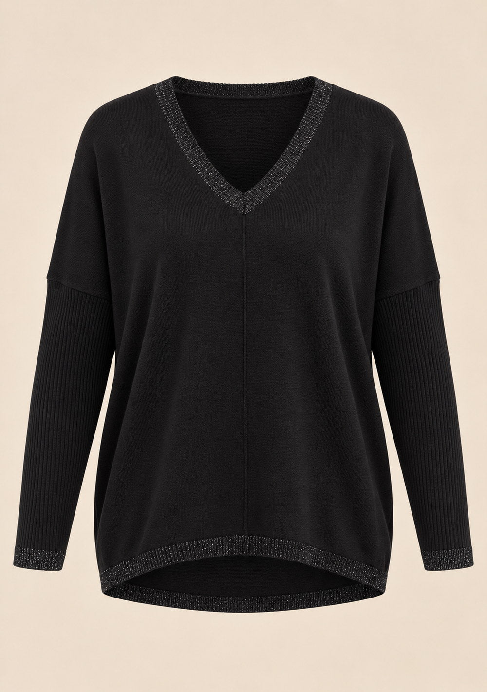 Maglia Scollo a V Riporti Lurex da donna in colore nero, vista alternativa 4
