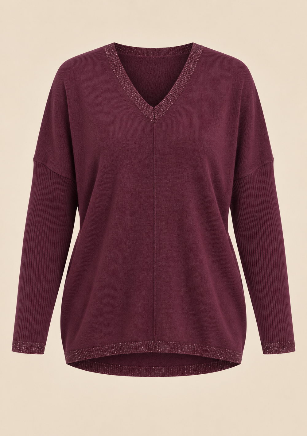 Maglia Scollo a V Riporti Lurex da donna in colore vino, vista alternativa 4