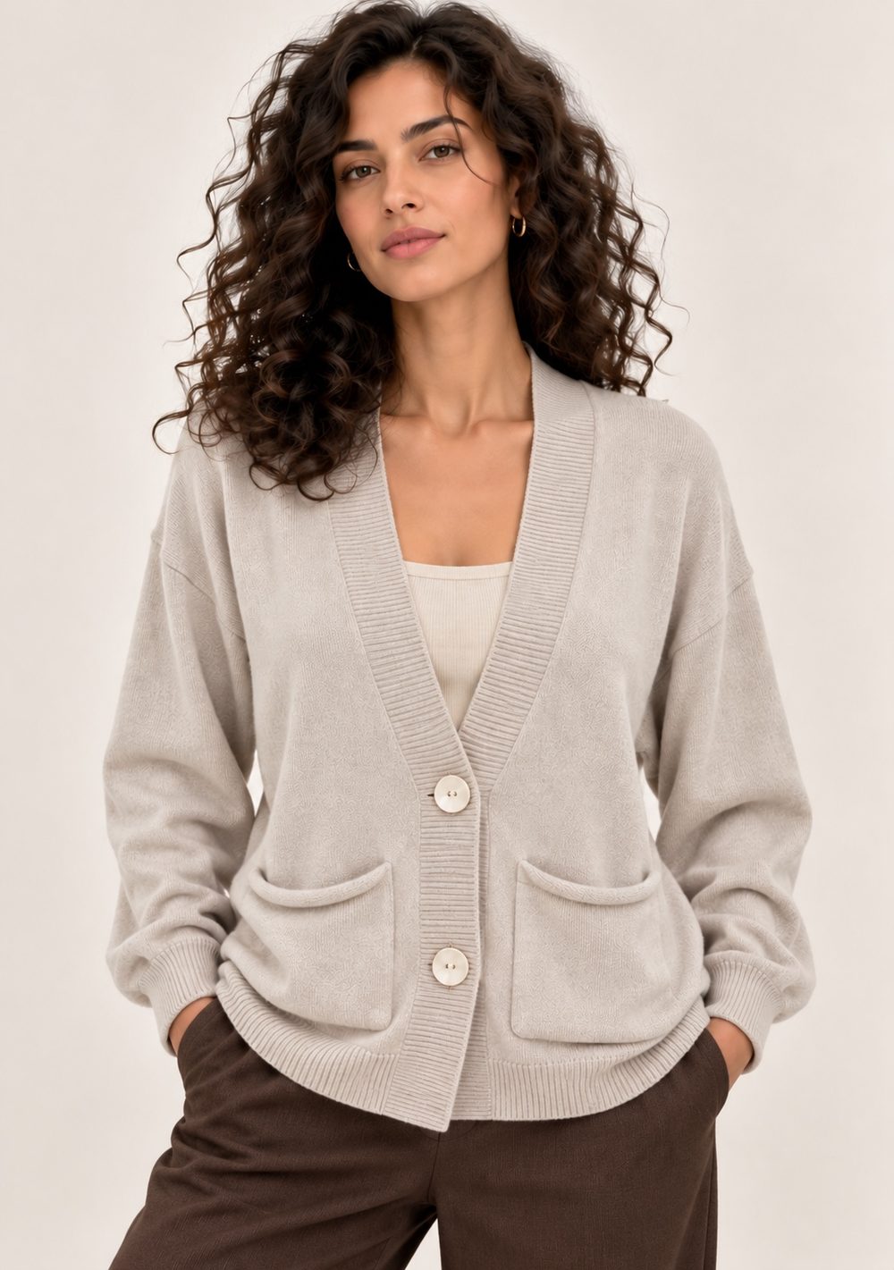 Cardigan 2 Bottoni con Tasche da donna in colore beige