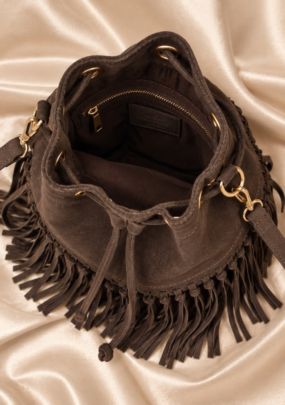 Borsa scarlett con frange in colore marrone scuro, vista alternativa 3