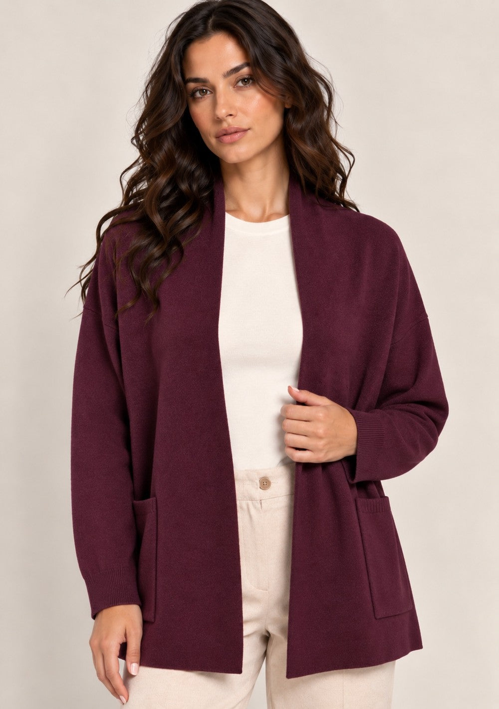Cardigan aperto con tasche in colore bordeaux