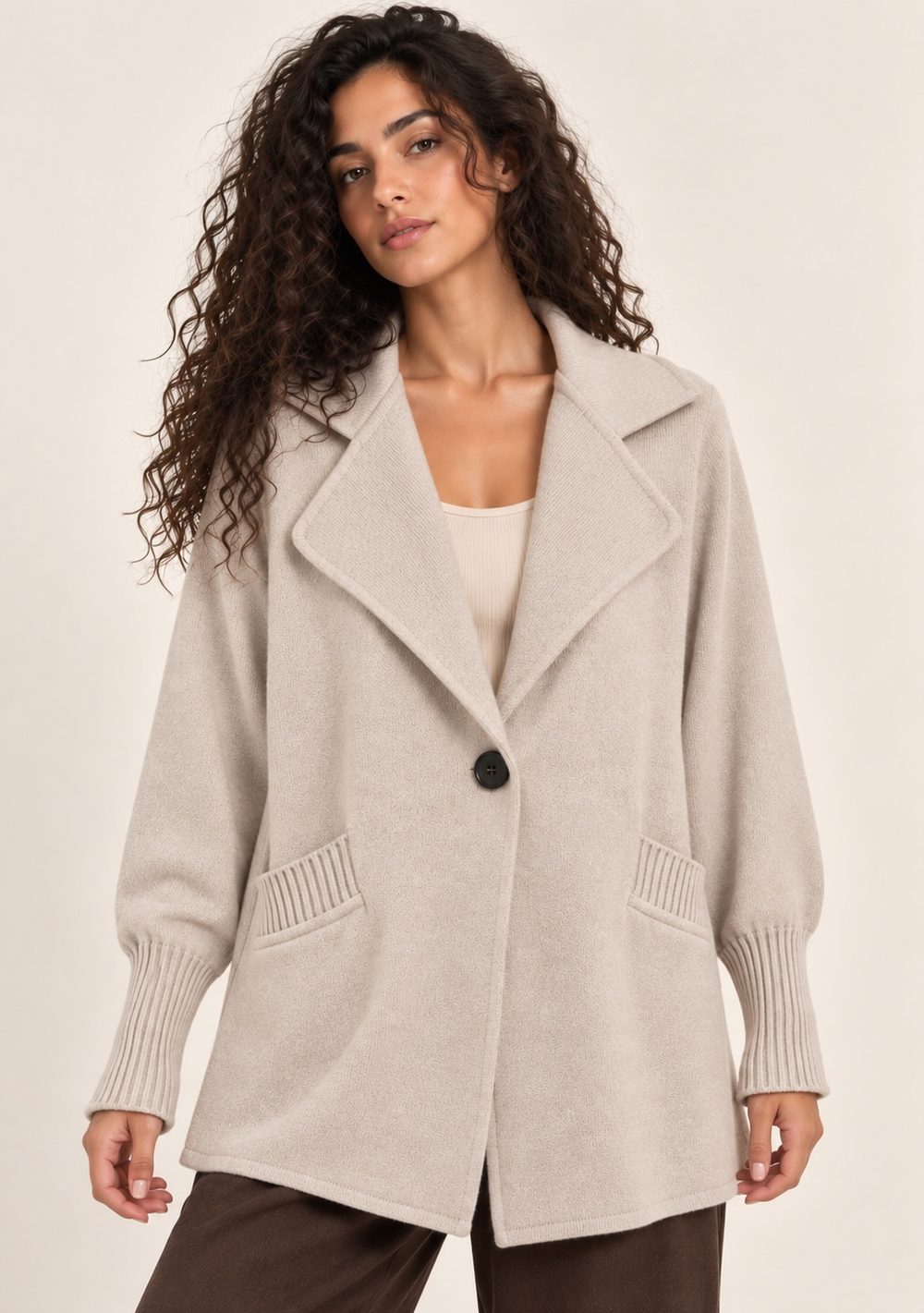 Cardigan 1 Bottone Tasche da donna in colore beige