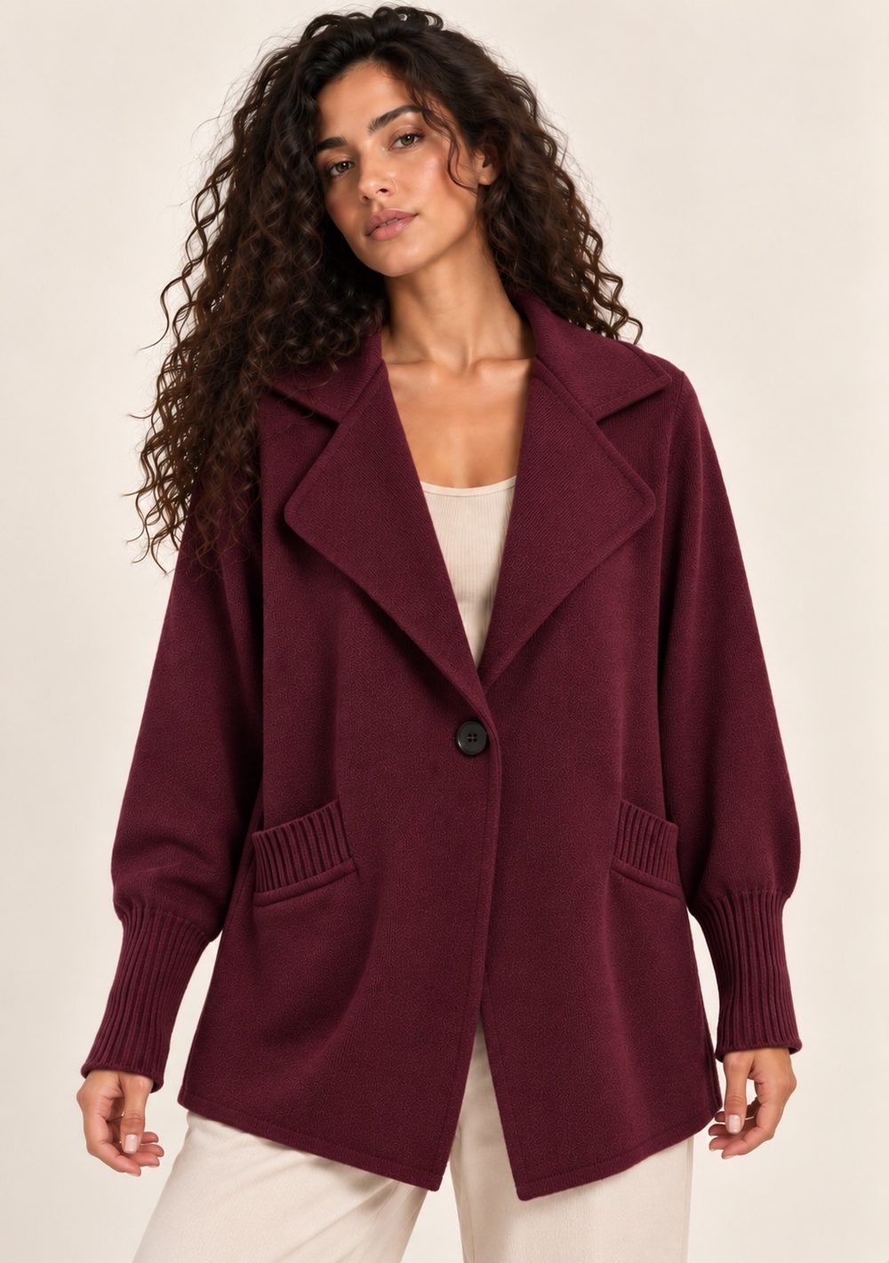 Cardigan 1 Bottone Tasche da donna in colore vino