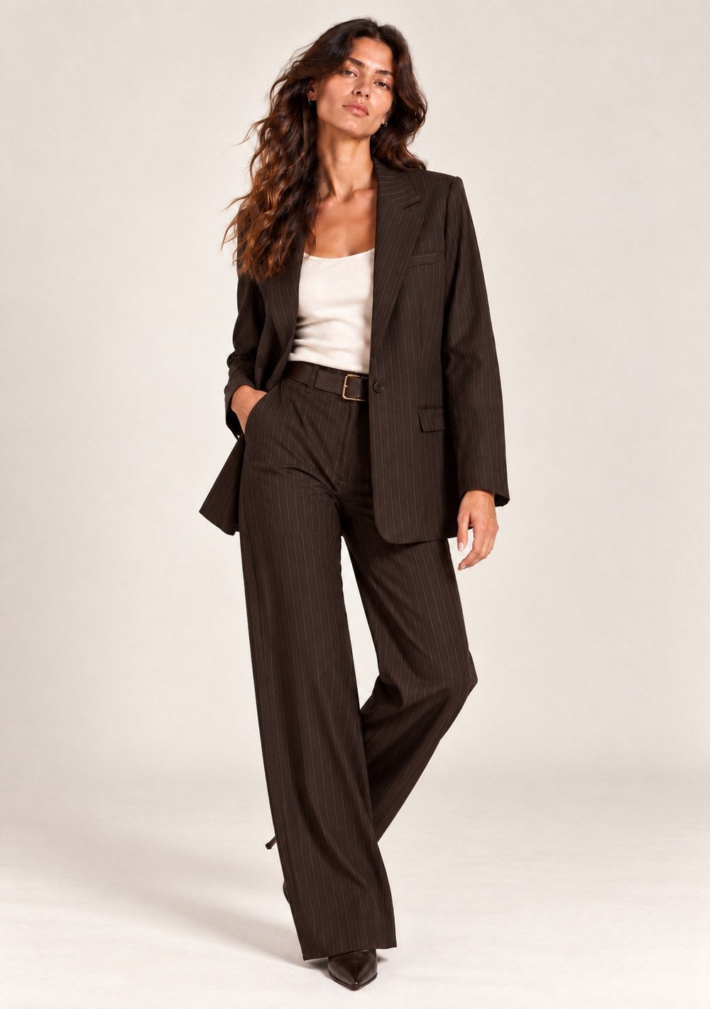 Pantaloni Palazzo Gessati da donna in colore moro, vista alternativa 3