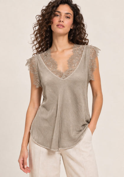 Maglia Manica Aletta Merletto da donna in colore champagne