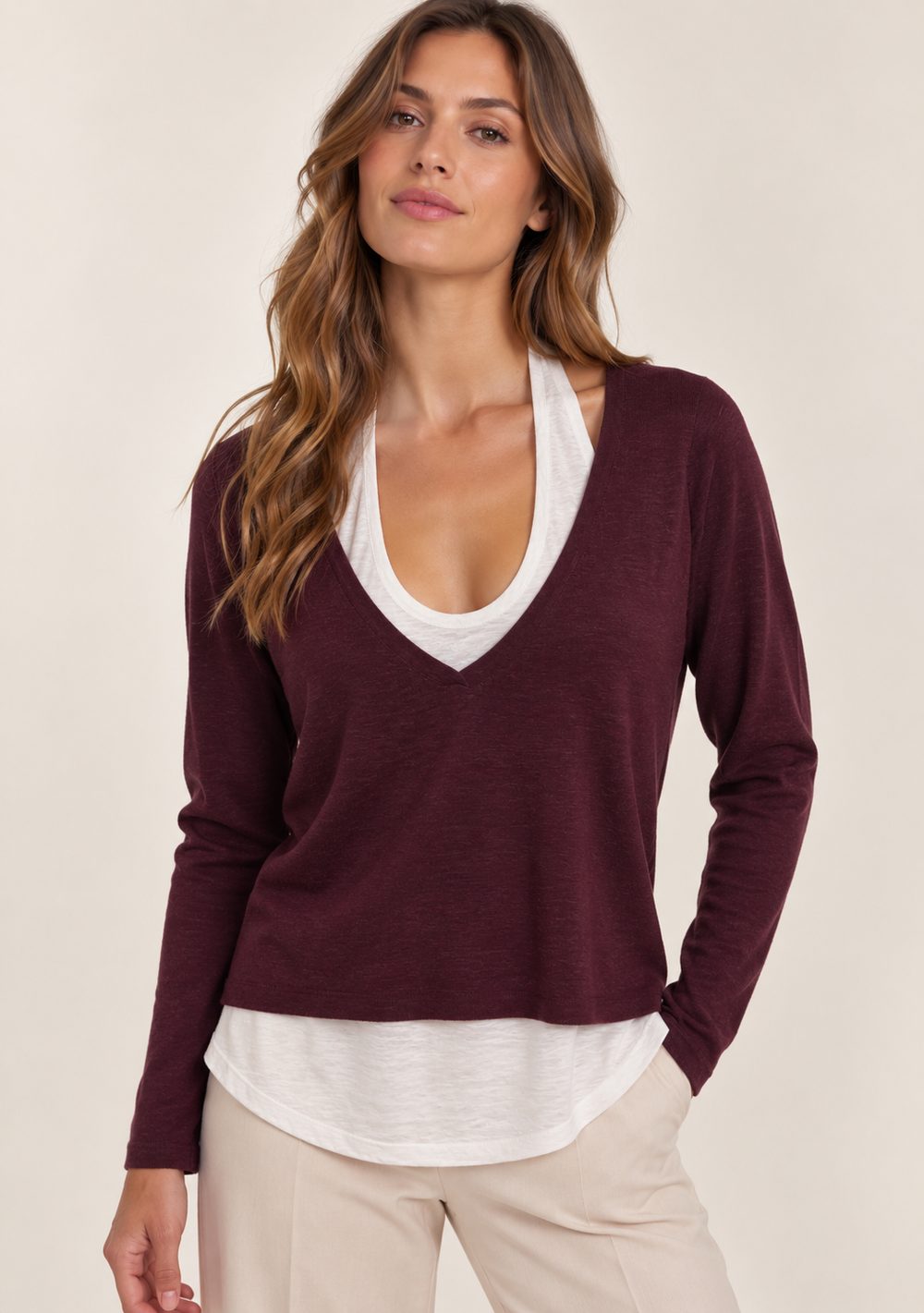 Maglia Effetto Twinset da donna in colore vino
