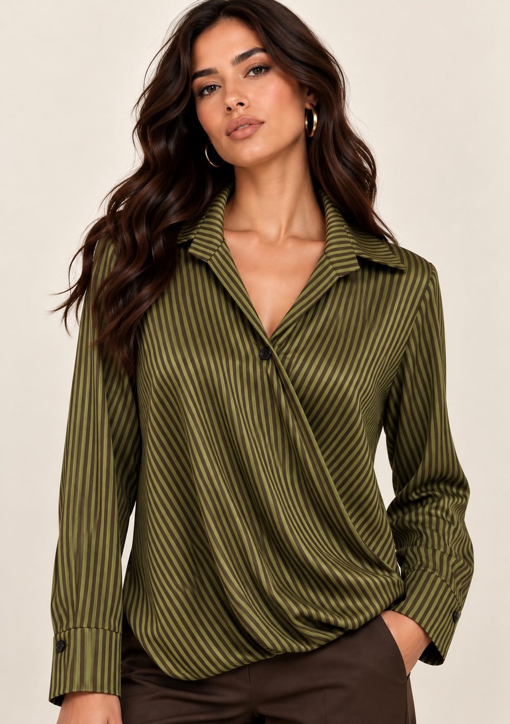 Camicia incrocio a righe in colore verde oliva