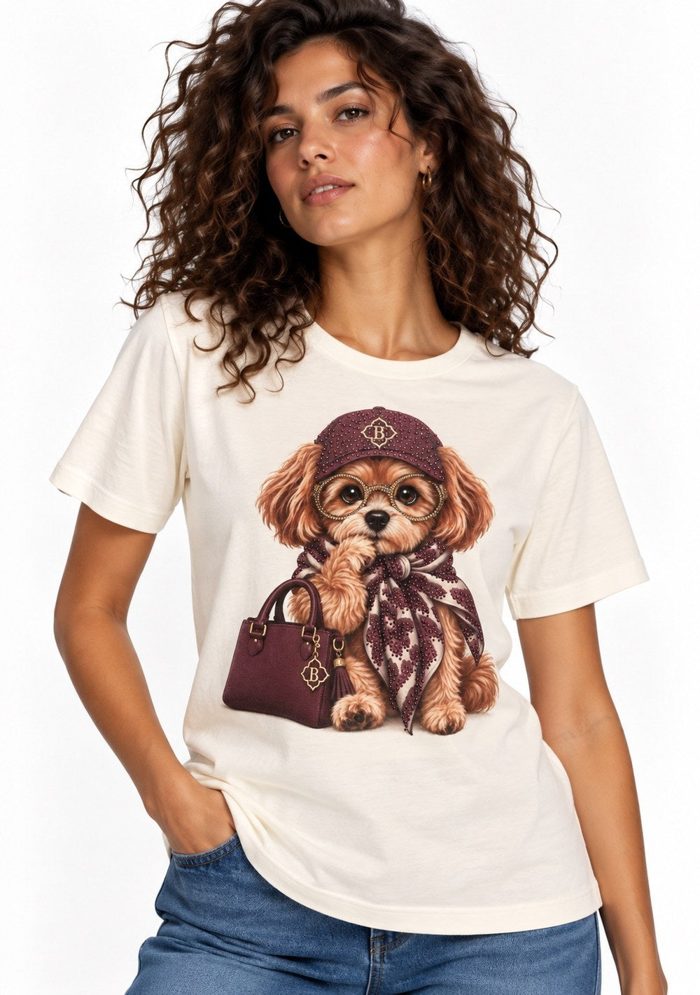 T-Shirt Regular "Cane con Cappello" da donna in colore vino