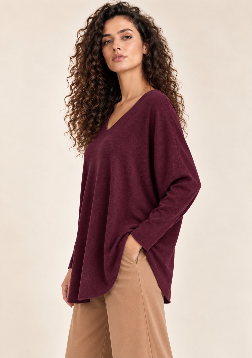 Maglia Scollo a V con Spacchi da donna in colore vino, vista alternativa 2