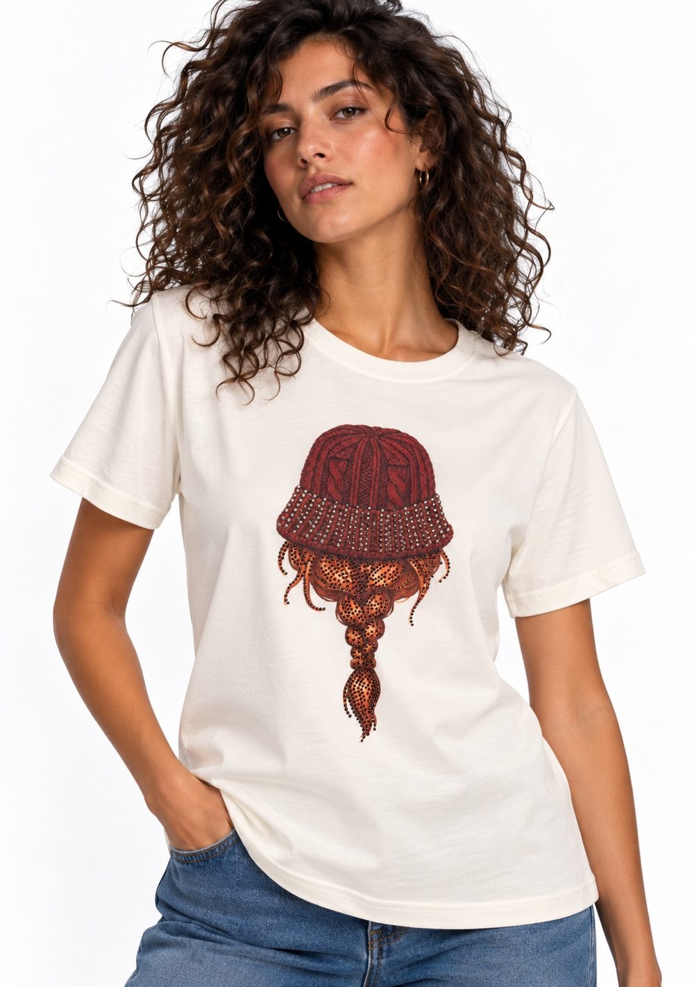 T-Shirt Regular "Berretto Capelli" da donna in colore coccio