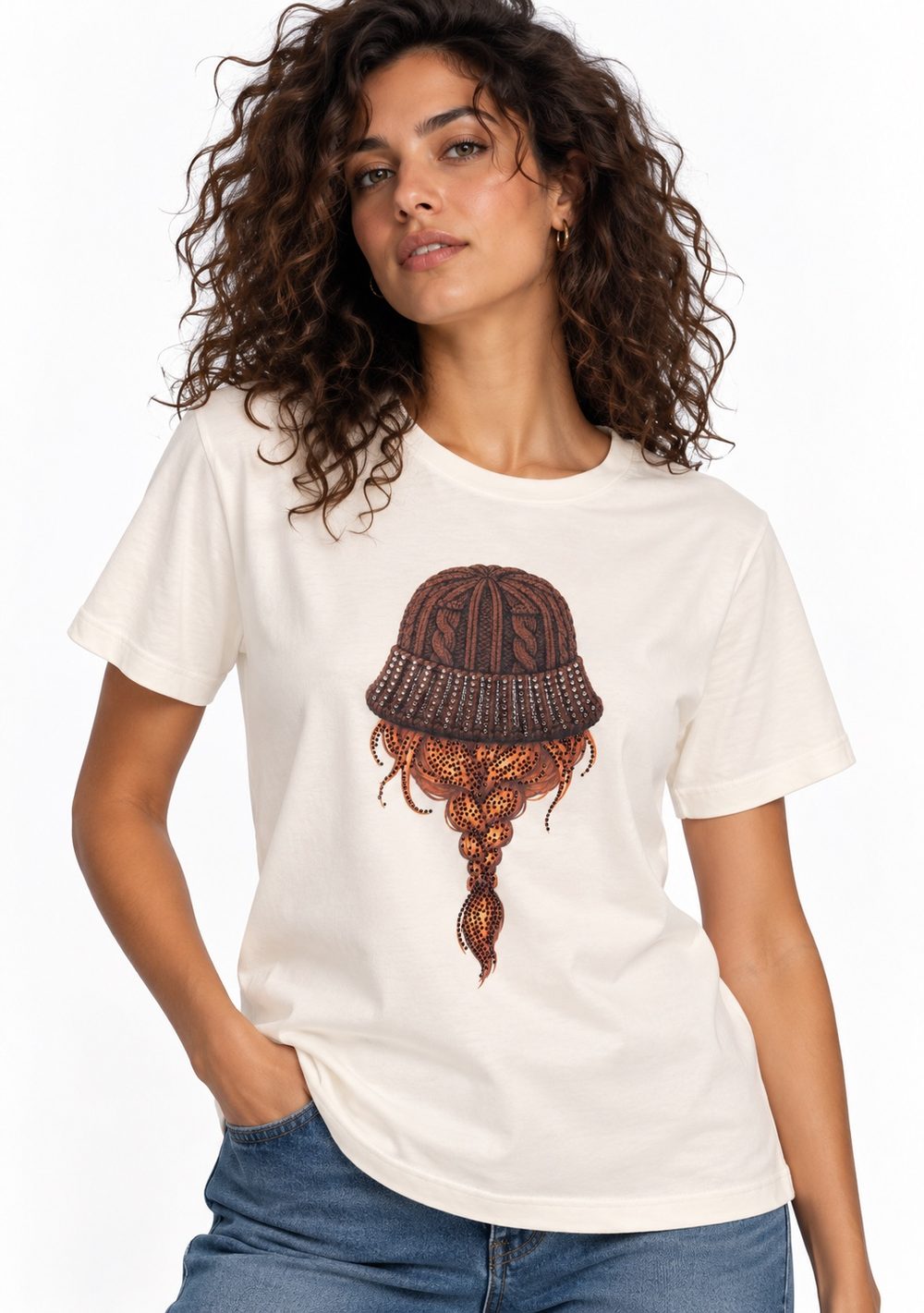 T-Shirt Regular "Berretto Capelli" da donna in colore moro