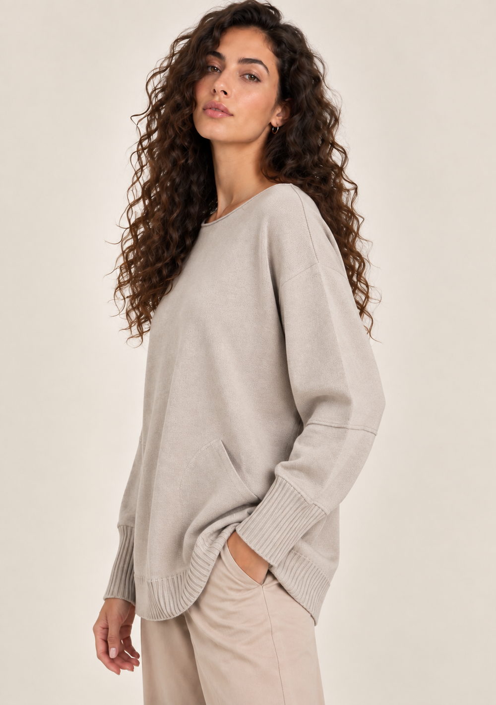 Maglia Girocollo con Tasche da donna in colore beige, vista alternativa 2