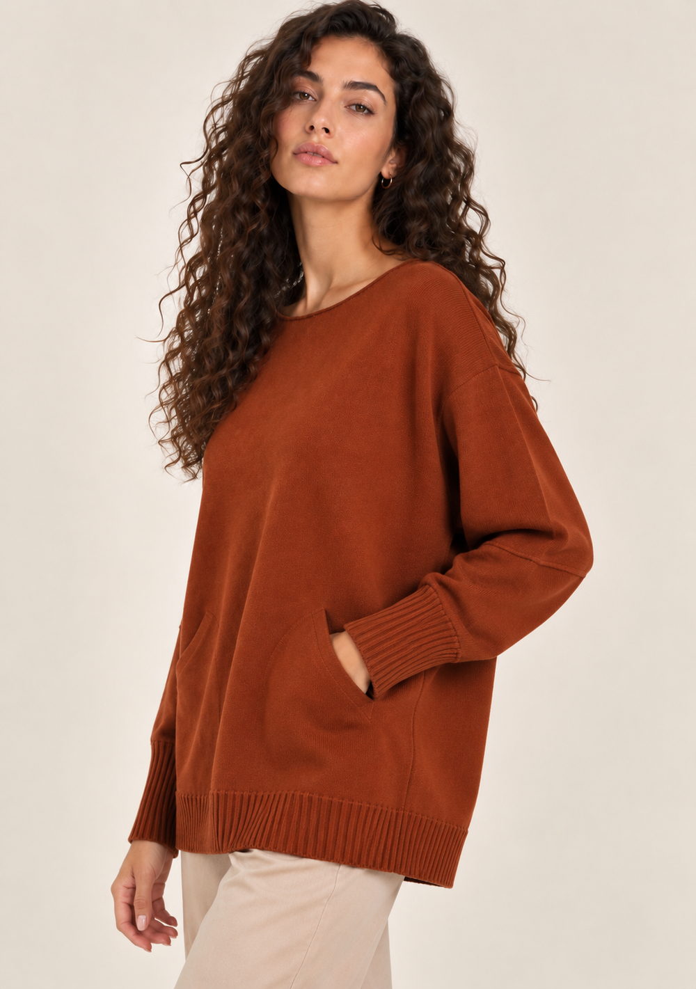 Maglia Girocollo con Tasche da donna in colore coccio, vista alternativa 2