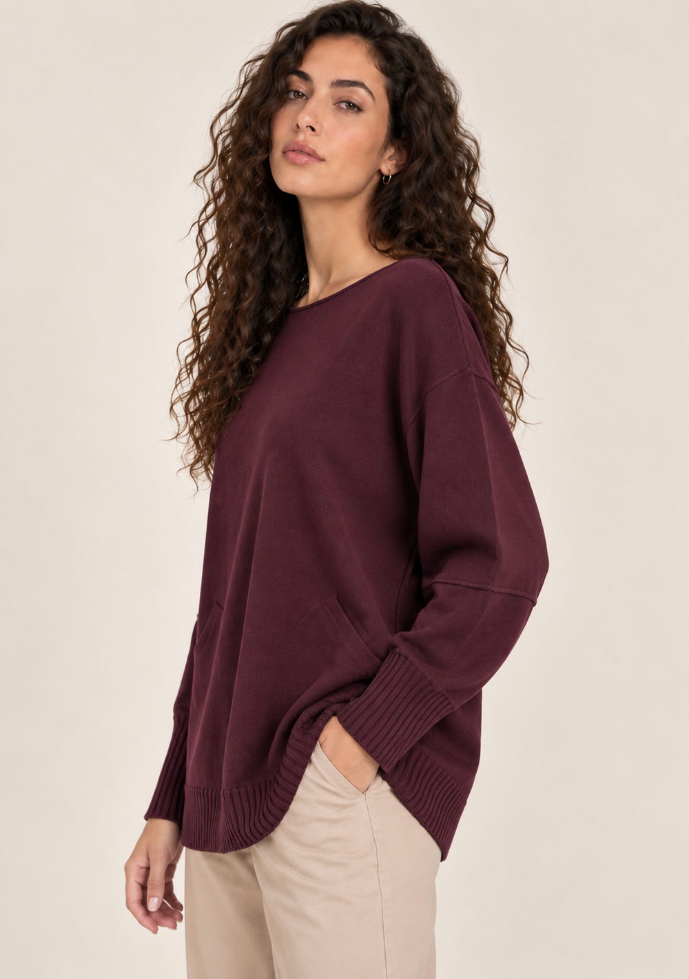Maglia Girocollo con Tasche da donna in colore vino, vista alternativa 2