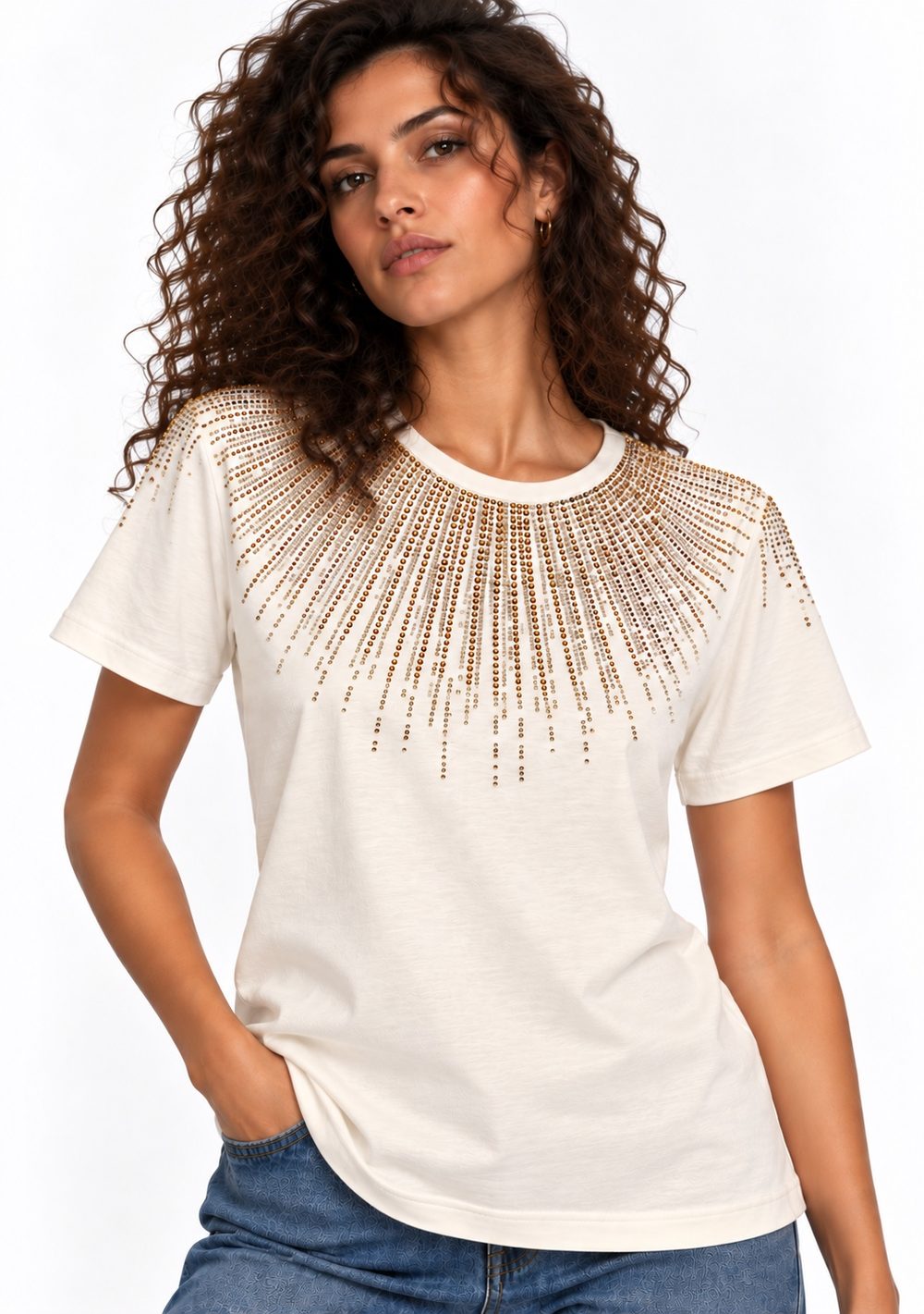 T-Shirt Regular "Pioggia Strass" da donna in colore moro