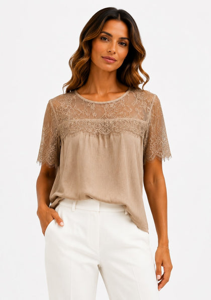 Maglia in Pizzo e Raso da donna in colore champagne