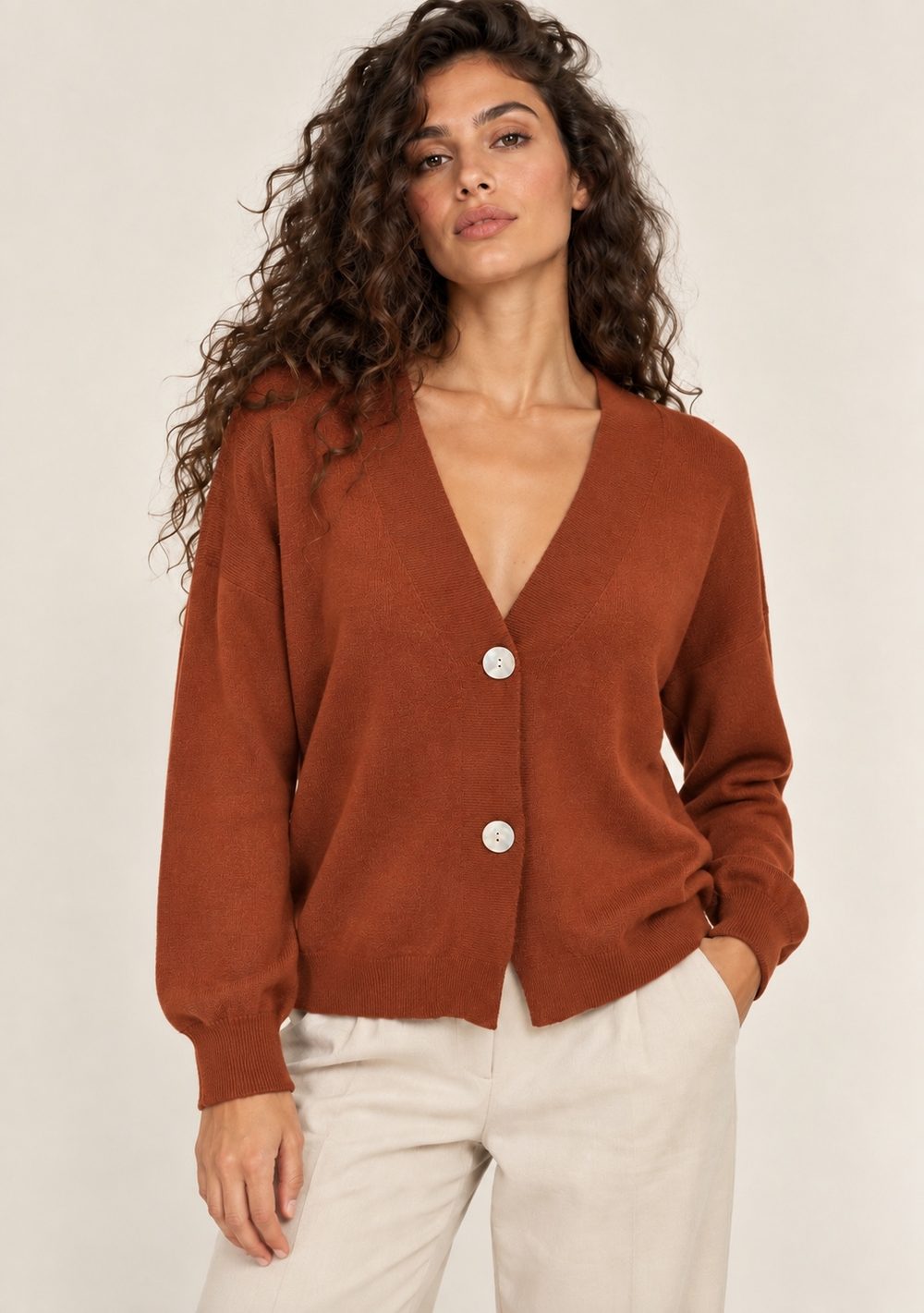 Cardigan 2 Bottoni Integrale da donna in colore coccio