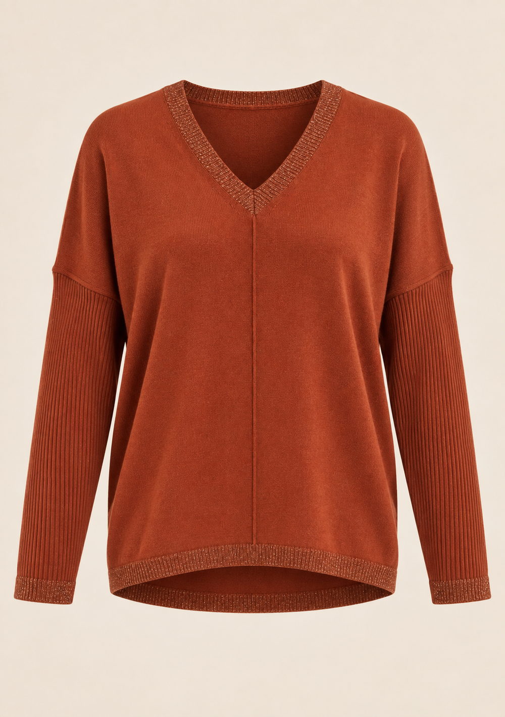 Maglia Scollo a V Riporti Lurex da donna in colore coccio, vista alternativa 4