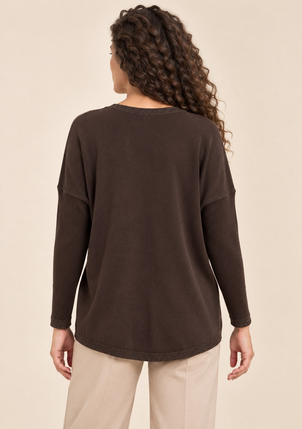 Maglia Scollo a V Riporti Lurex da donna in colore moro, vista alternativa 3