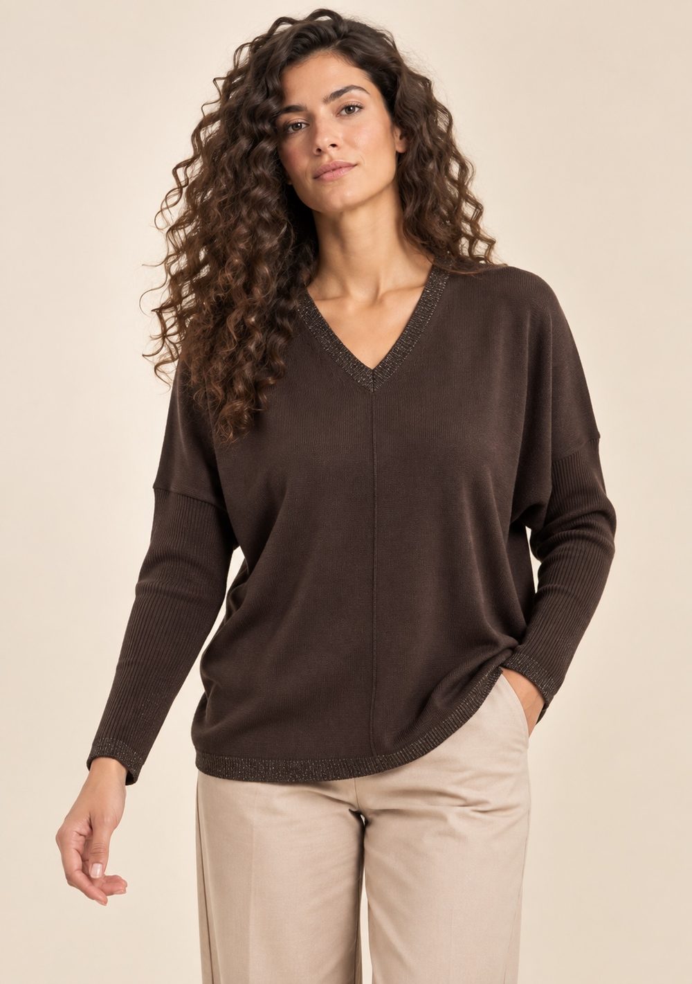 Maglia Scollo a V Riporti Lurex da donna in colore moro