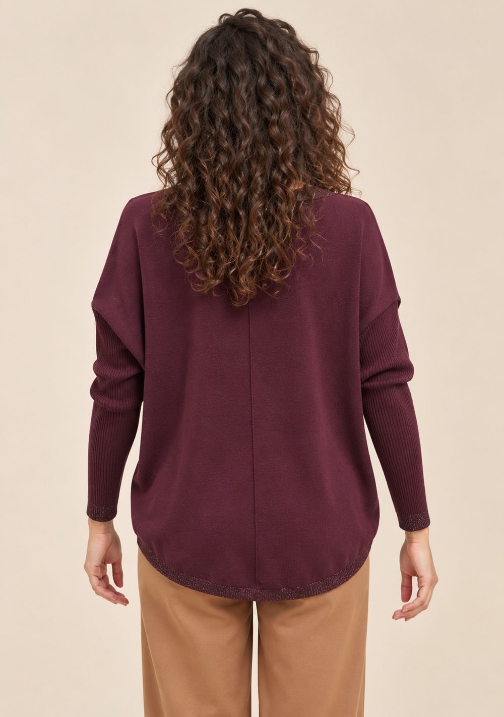 Maglia Scollo a V Riporti Lurex da donna in colore vino, vista alternativa 3